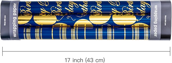 WRAPAHOLIC Birthday Wrapping Paper Roll - Mini Roll - 3 Rolls - 17 inch X 120 inch Per roll - Blue and Gold Foil Design for Party, Holiday, Baby Shower