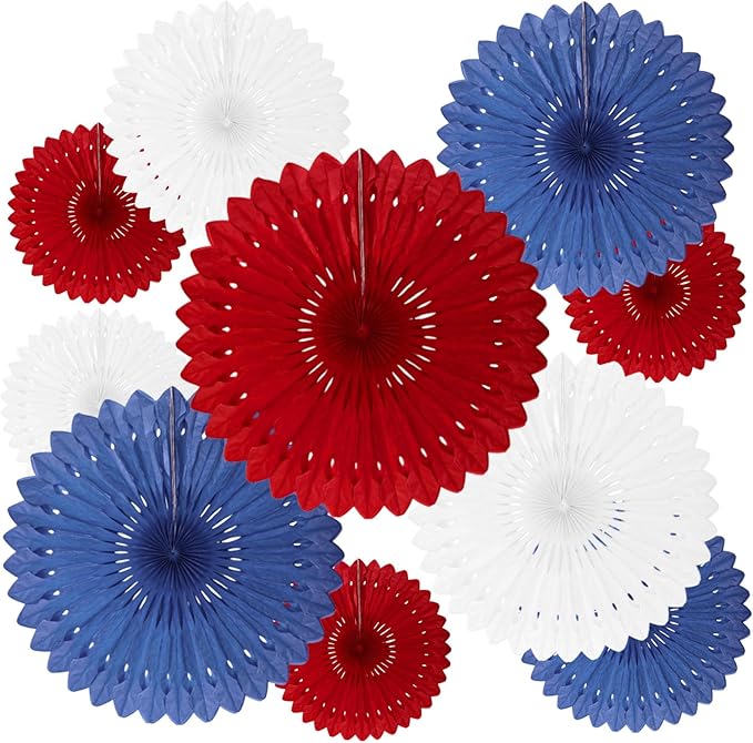 4th of July Patriotic Decorations, 18 Pcs Red White Blue Hanging Honeycomb Paper Fans, Round Paper Fan Decorations for American Fourth of July Memorial Day Independence Day Events Party Supplies