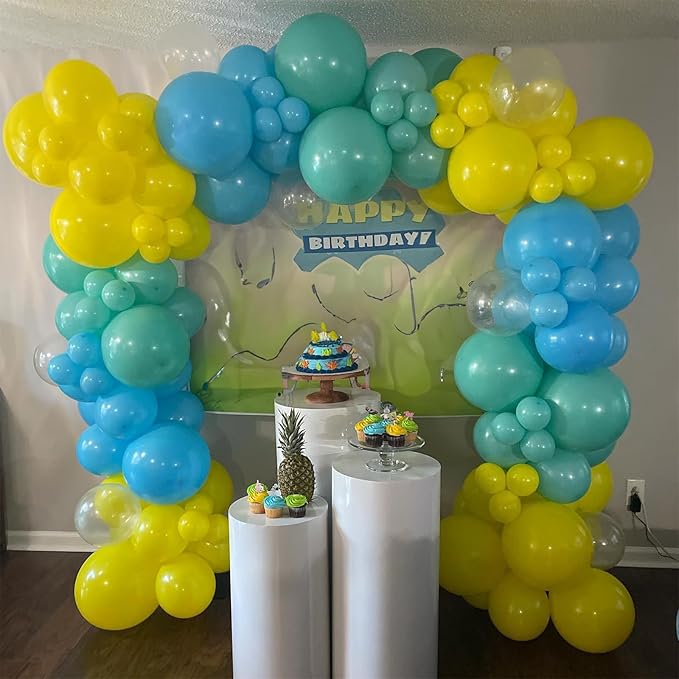 HILAVO Yellow Blue Clear Balloons 12 Inch 60 Pcs Blue Cartoon Balloon Teal Blue and Yellow Party Latex Balloons Transparent for Kids Birthday Ocean Baby Shower Party Decorations