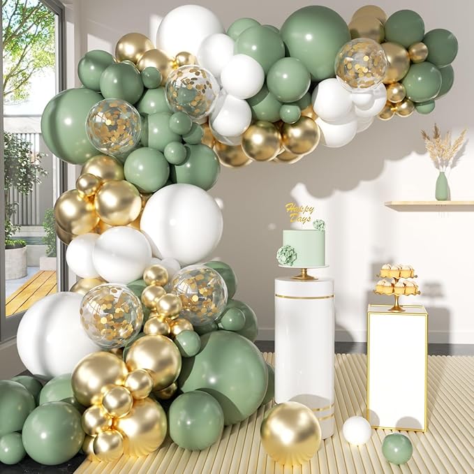Sage Green White Gold Garland Arch Kit 173Pcs Latex Balloons - 22 18 12 10 5in Different Size Party Balloon Arch Kit for Birthday Baby Shower Wedding Gender Reveal Bridal Party Decoration
