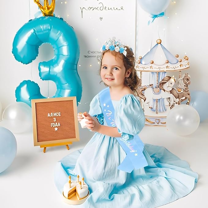 CUBACO 3rd Birthday Crown Headband and Sash, 3 Year Old Girl Birthday Gift for Blue Princess Crown, Frozen Party Decorations Favors for Girls Outfit