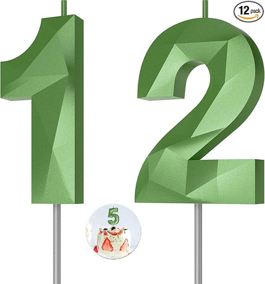 Number Birthday Candles(12 Candle Green) 3D Diamond Shape Number Happy Birthday Cake Candles for Birthday Party Wedding Decoration Reunions Theme Party