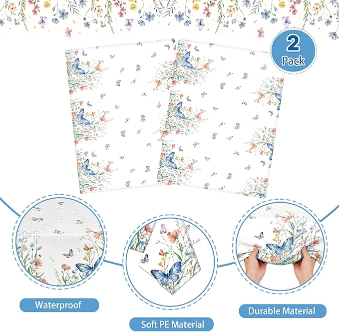 2Pcs Spring Floral Tablecloth 54 x 108 Inch Disposable Plastic Table Cover, Wildflower Butterfly Garden Party Decorations Waterproof Tablecloth for Birthday Baby Shower Bridal Shower Picnic Supplies