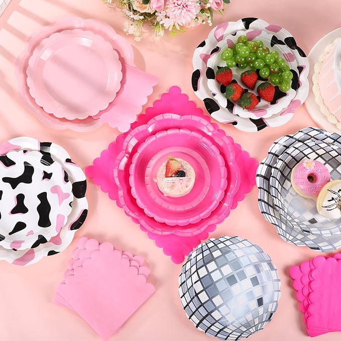 144 Pcs 48 Guests Cowgirl Party Plates and Napkins Sets Western Paper Plates and Napkins Pink Disco Disposable Tableware for Rodeo Birthday Bachelorette Western Wedding Tea Party Supplies