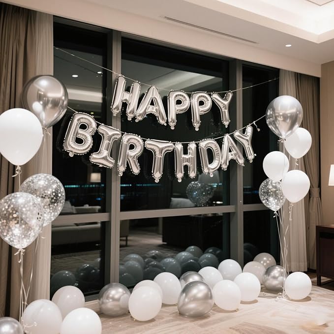 Silver Happy Birthday Balloon Banner Set -16 Inch Foil Letters Balloons, Reusable Birthday Decorations and Party Supplies, Suitable for Men and Women's Birthday Decorations，Party Backdrop