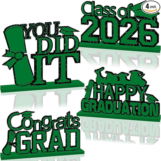 4Pcs Green Graduation Decorations Class of 2026 Congrats Grad Wooden Graduation Table Decorations for 2026 Graduation Party Decorations