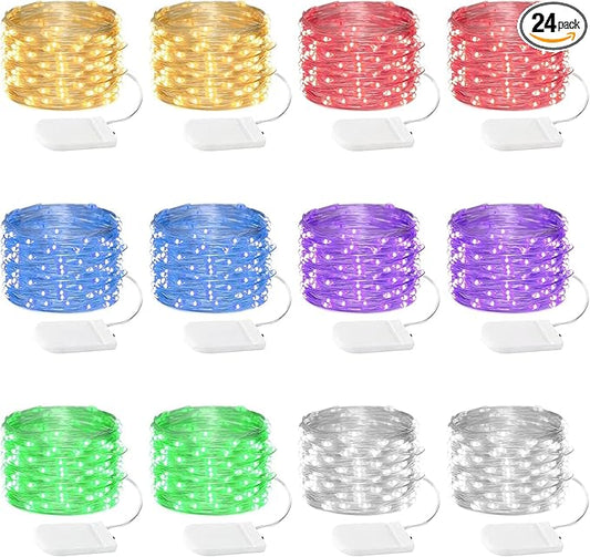 24 Pack Fairy Lights Battery Operated, 7FT 20LED Waterproof Silver Wire Christmas Lights Outdoor, Firefly Mini String for Bedroom Party Birthday Wedding Indoor Decorations