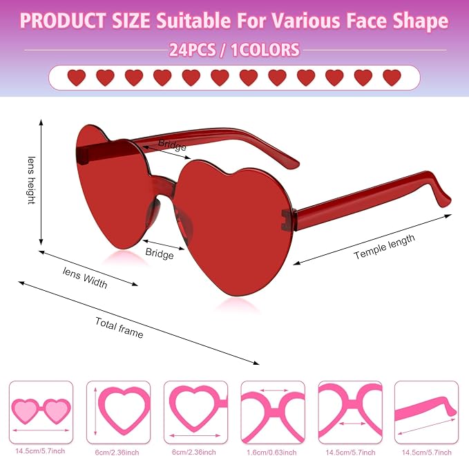 NACHLYNN 24 Pairs Red Heart Sunglasses for Women Rimless Heart Shaped Sunglasses Candy Color Glasses for Party Favors