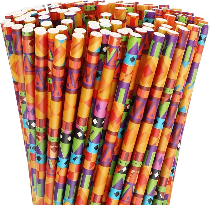 JarThenaAMCS 200Pcs Mexican Fiesta Paper Straws Mexico Cactus Drinking Straws Cinco de Mayo Colorful Stripe Flag Disposable Straw for Taco Wedding Supplies