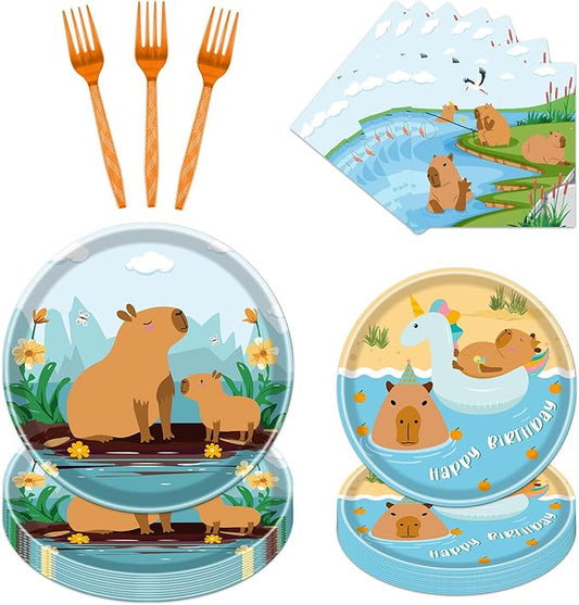 Rakuto Capybara Birthday Party Decorations, 96PCS Disposable Capybara Plates and Napkins Forks, Cute Animals Themed Dinnerware Set Tableware Supplies Serve 24