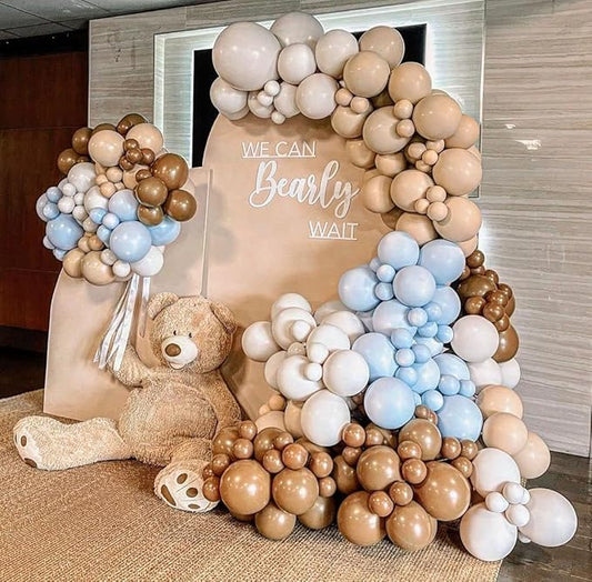 Blue Brown Nude Balloon Garland Double Stuffed Dusty Blue Coffee Pastel Balloon Kit for Teddy Bear Baby Shower Boy Birthday Gender Reveal Boho Theme Party Decorations