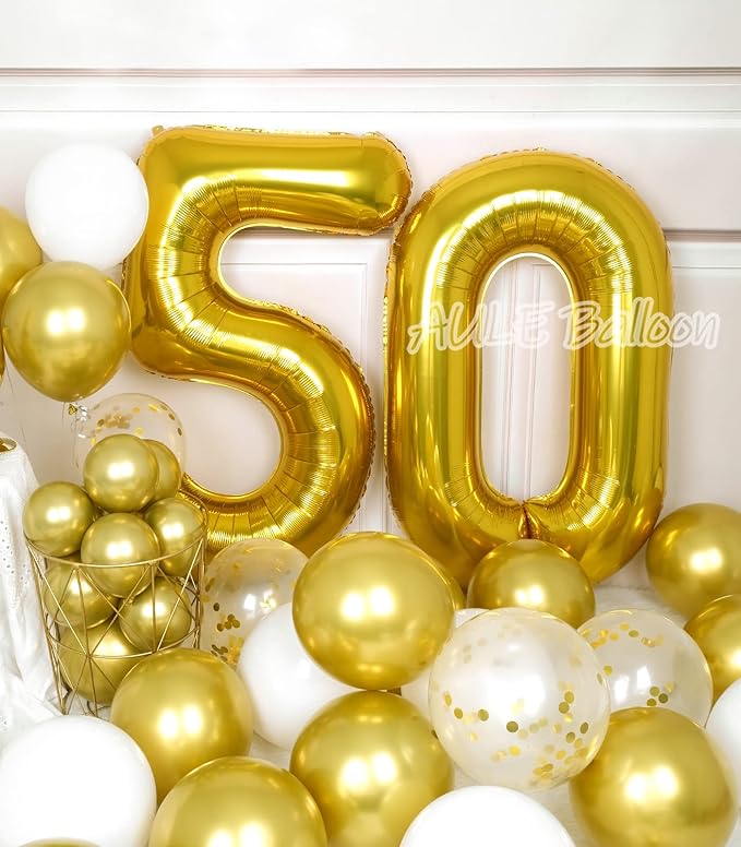 AULE 40 Inch Jumbo Gold Foil Mylar Number Balloons for Men Women 50th Birthday Party Decorations 50 Years Old Anniversary Party Supplies