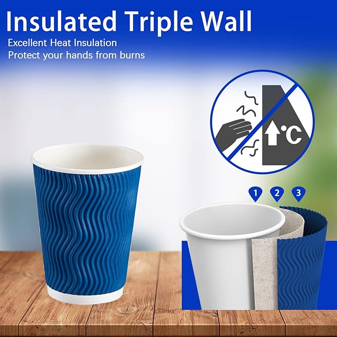 Lamosi 500-Count 12 oz Insulated Paper Coffee Cups Bulk, Disposable Corrugated Cups 12oz, Kraft Ripple Wall Design for Hot Beverage or Cold Drink Office Home Party Travel Cafe (Navy)