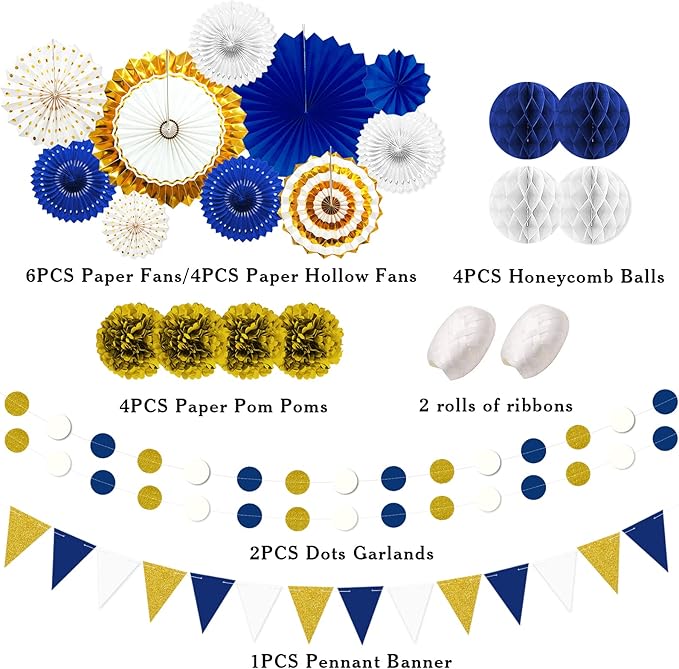 Navy Blue and Gold Graduation Party Decorations 23pcs Navy White and Gold Baby Shower Boy Birthday Decor for Kids Man with Hanging Paper Fans, Pom Poms Flowers, Garland String Polka Dot Packs