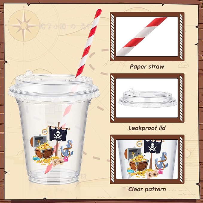 Boao 36 Sets Pirate Party Cups with Lids and Paper Straws 14 oz Skull Crossbones Treasure Drinking Cups Bulk for Halloween Pirate Birthday Baby Shower Party Supplies