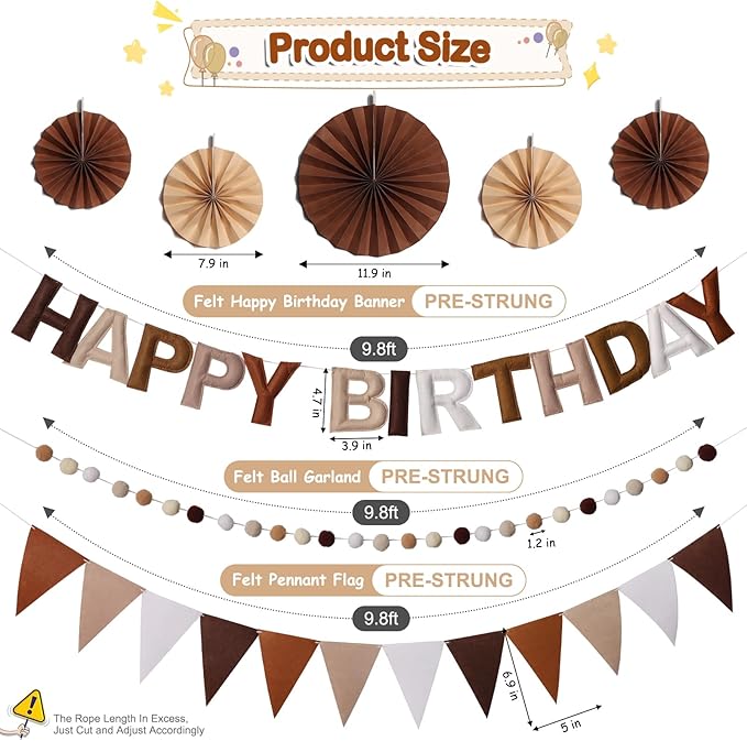 Pre-Strung Happy Birthday Banner, Reusable Felt Birthday Party Decorations, 3D Effect Happy Birthday Sign with Felt Ball Garland, Pennant Flag, Hanging Paper Fans for Men Women Boy Girls (Brown)