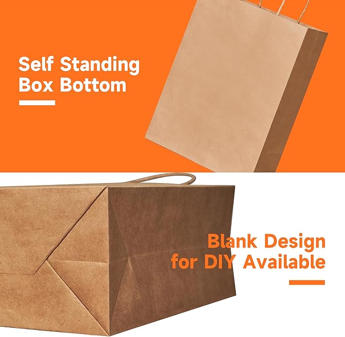METAPRINT Brown Paper Gift Bags with Handles in Bulk, 50pcs Kraft Paper Bags 8x4.5x10.8 inch, Recyclable Shopping Bags for Retail, Grocery, Party Favors, Wedding