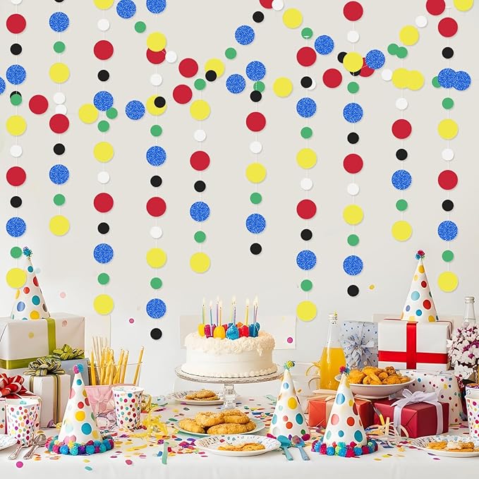 Outus 5 Pieces Colorful Dots Paper Garland Easter Decor Round Glitter Hanging Confetti Streamers Backdrop for Spring Birthday Classroom Halloween Trunk or Treat Car Decoration (Classic Color)