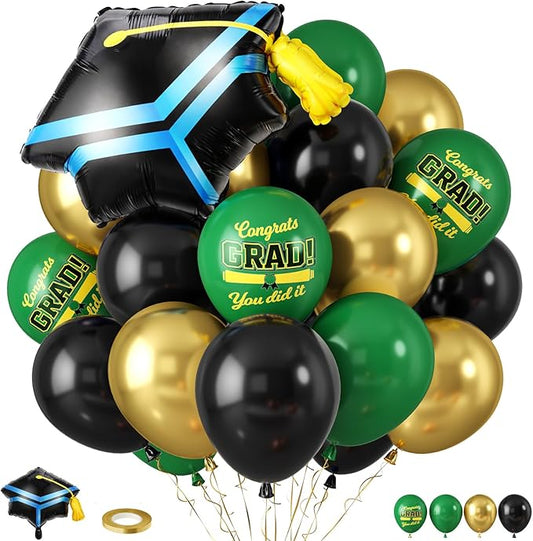 Green Black Graduation Balloons, Dark Green Gold Black Balloons with Cap Foil Grad Printed Balloon for Class of 2026 Graduation Decorations Celebration Party