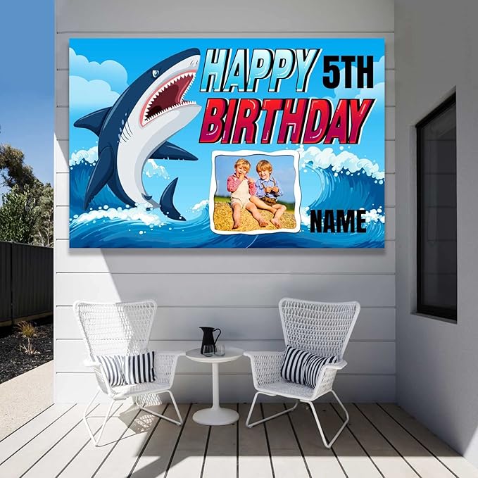 Custom Shark Happy Birthday Party Decorations Supplies Personalized Shark Ocean Themed Birthday Backdrop Banner(5x7.5ft)