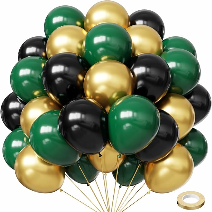Hiquaty Green and Gold Balloons,60pcs Dark Green Balloons,12 inch Gold Balloons and Black Balloons with Gold Ribbon for St. Patrick's Day Party Wedding Bridal Shower Decorations