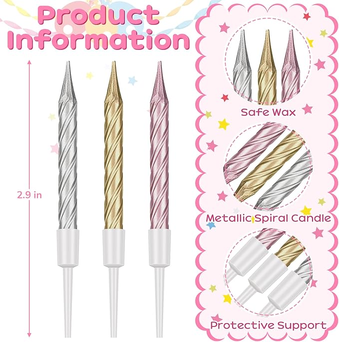 60 Pack Spiral Birthday Candles with Holders, Gold Silver Rose Gold Metallic Cake Candles for Birthday Cake, Cupcake, Wedding, Baby Shower, Party Decorations