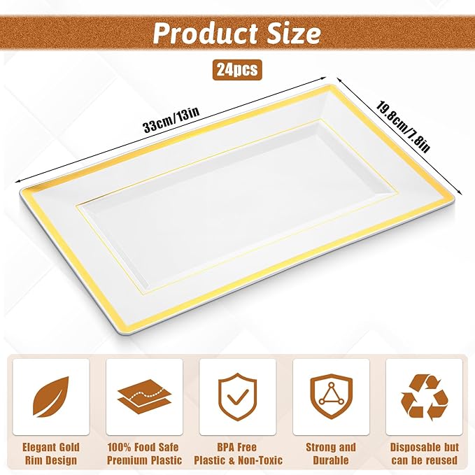 SHENLIU 24 Pcs White Plastic Serving Trays with Gold Rim, Elegant Rectangle Plastic Serving Platter Disposable 13''L×7.8''W Party Trays and Platters for Food Fruit Dessert Cookies Appetizers