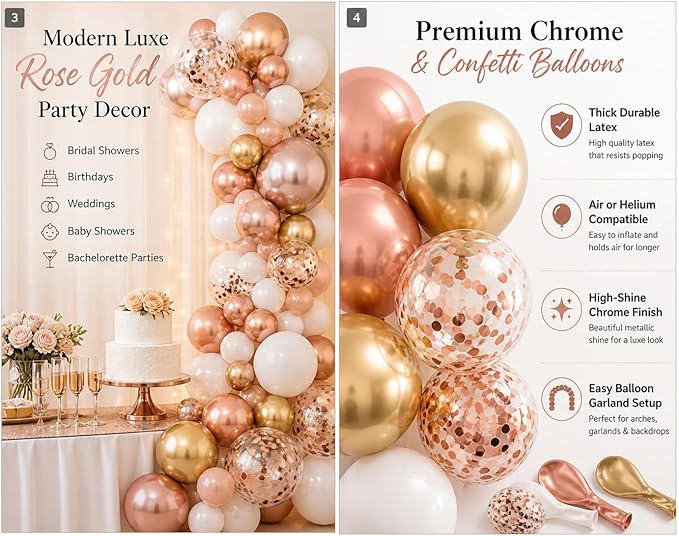 Rose Gold Balloons 70 Pack – Chrome Rose Gold, Gold, White & Confetti 12 Inch Latex Balloons for Birthday, Bridal Shower, Wedding & Balloon Arch Decorations