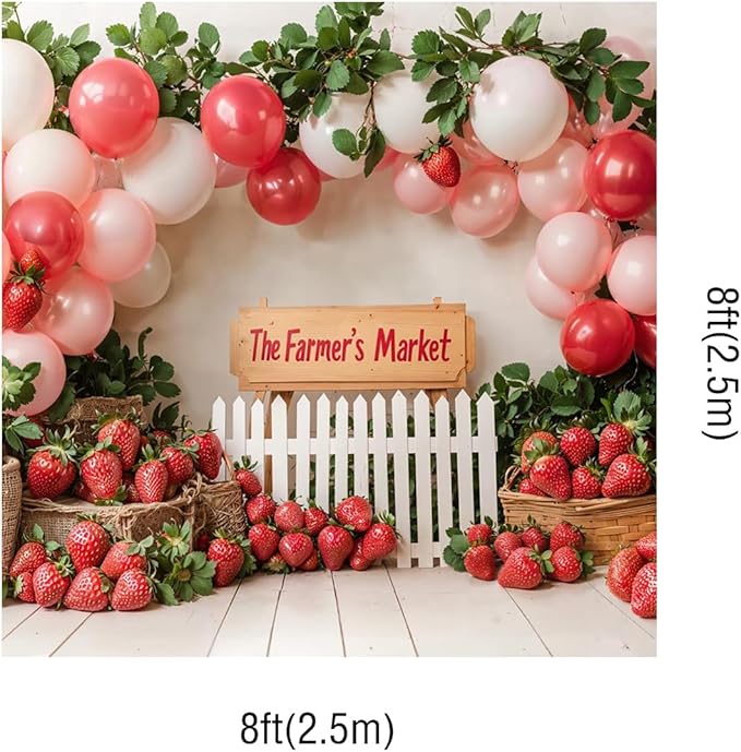 Kate 8x8ft Red Strawberry Backdrops for Photography Farmer's Market Background Colorful Balloons Sweet Birthday Party Studio Backdrop