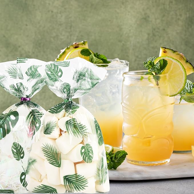 100 Pcs Gift Wrap Cellophane Treat Bags, 7 X12 Inch Hawaiian Palm Leaf Cellophane Candy Bags with for Candy,Cookies,Wedding Bridal Decorations Birthday,Valentine Party with Twist Ties