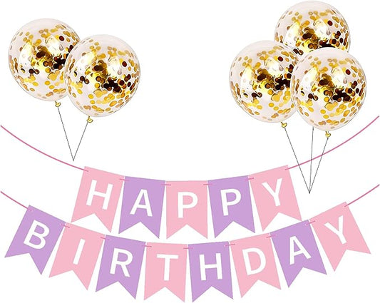 Happy Birthday Banner Sign Bunting Hanging Decorations with Shiny Gold Balloons Birthday Party Sign Decor for Party Supplies(Pink+Purple)