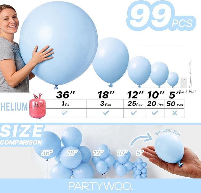 PartyWoo Baby Blue Balloons 99pcs Different Sizes of 36 18 12 10 5 Inch Light Pastel Sky Aqua Blue Balloon Arch Kit Garland for Graduation Baby Shower Gender Reveal Easter Party Decorations Blue-Q13
