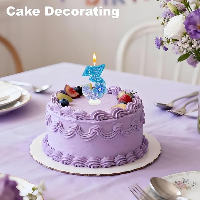 Blue Purple Flower Birthday Number Candles, Flower Theme Party Decorations, Cupcake Decorations, Suitable for Party Celebrations, Boys and Girls Birthday Decorations（3）