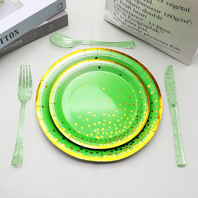 150 PCS Green Plastic Silverware, Green Glitter Plastic Utensils - 50 Forks, 50 Knives, 50 Spoons for Birthday, Baby Shower, Picnic, Graduation Party