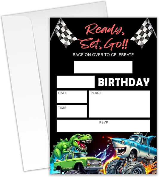 Race Car Birthday Party Invitations – Ready, Set, Go! – 20 Invitation Cards 4"x6" with Envelopes for Fun-Filled Birthday Celebrations.(013)