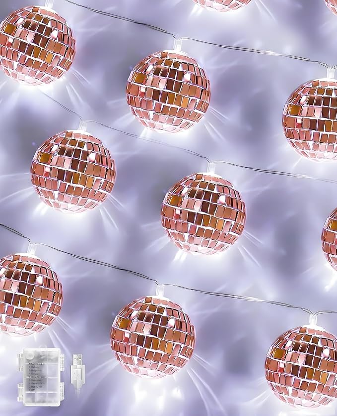 AceList Rose Gold Disco Ball String Lights, 20 LED 9.8Ft Control & Dual Power (USB/Battery) Dimmable Mirror Ball Lights for Bedroom, Birthday Party, Bachelorette & Room Decor