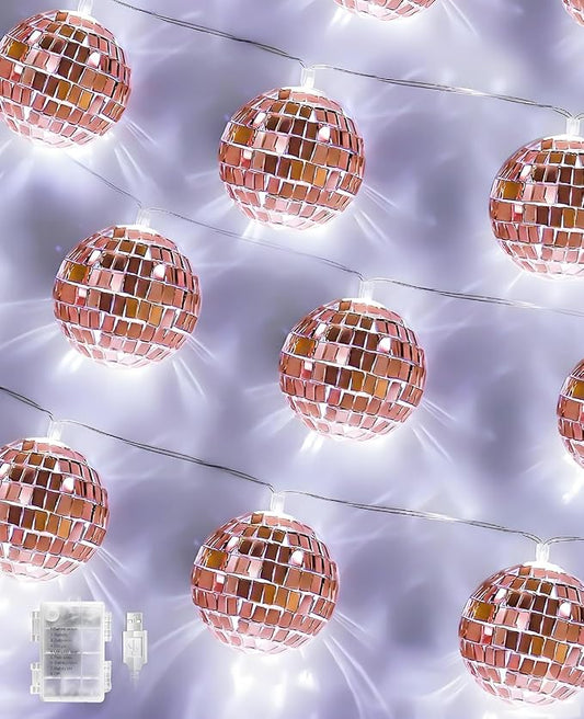 AceList Rose Gold Disco Ball String Lights, 20 LED 9.8Ft Control & Dual Power (USB/Battery) Dimmable Mirror Ball Lights for Bedroom, Birthday Party, Bachelorette & Room Decor