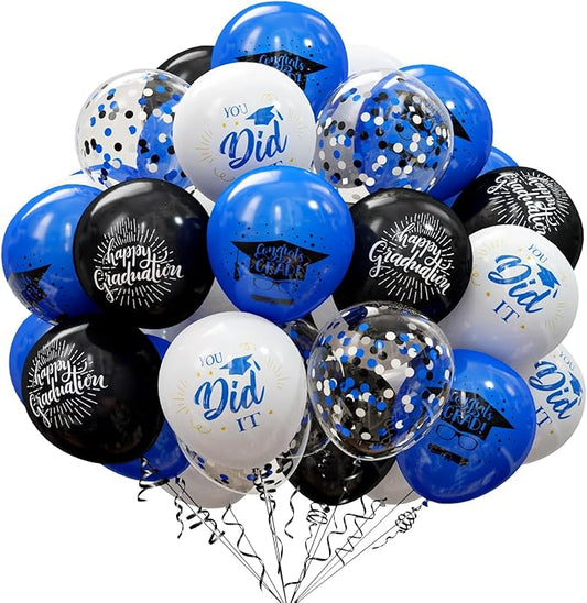 75 Pack Graduation Party Decorations Balloons Set - 12 Inch Black Blue Confetti Graduation Balloons with Ribbons for Grad Party Decoration Supplies