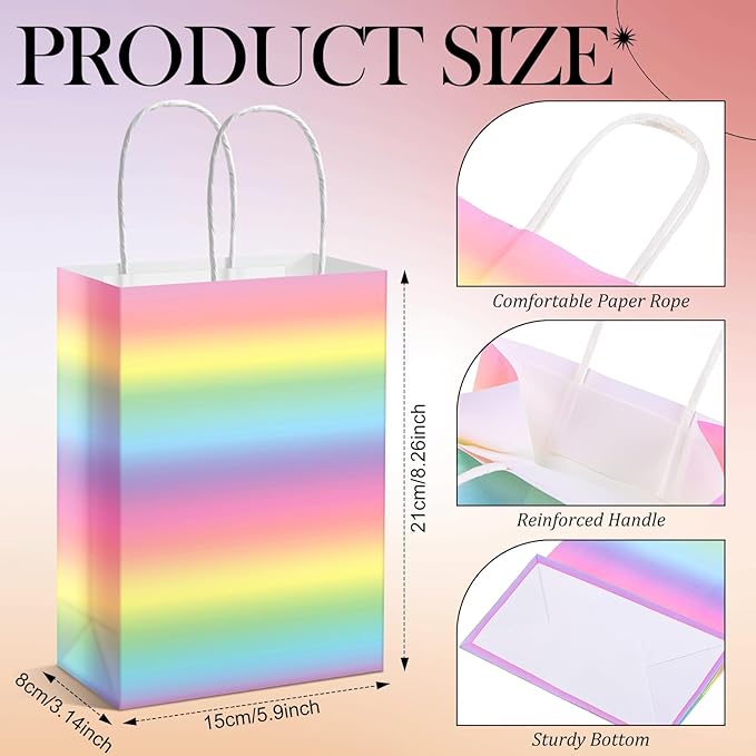 Humyoun 24 Pcs Pastel Gift Bags Pastel Rainbow Paper Treat Goodies Bags with Handles Candy Gifts Wrapping for Baby Shower Wedding Birthday Party Supplies