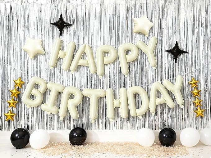 Cream Green Happy Birthday Banner Balloon Aluminum Foil 16 Inch Letter,10 Inch Five Pointed Star Four Pointed Star Suitable for Kids, Men, Women, Boys and Girls Party Decoration Supplies