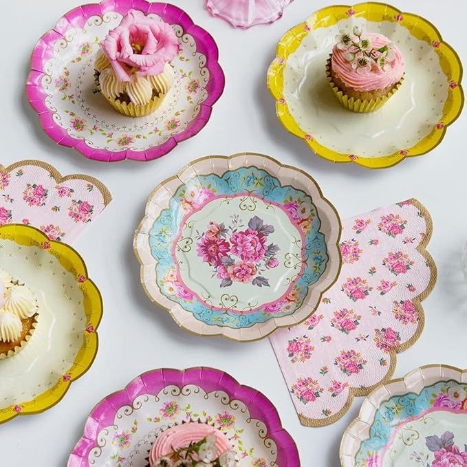 Talking Tables 144 x Vintage Floral Paper Plates Bulk Pack Pink Yellow, Truly Scrumptious Table Decorations, Disposable Tableware, Birthday, Mother's Day, Afternoon Tea Party, Baby Shower, 7’
