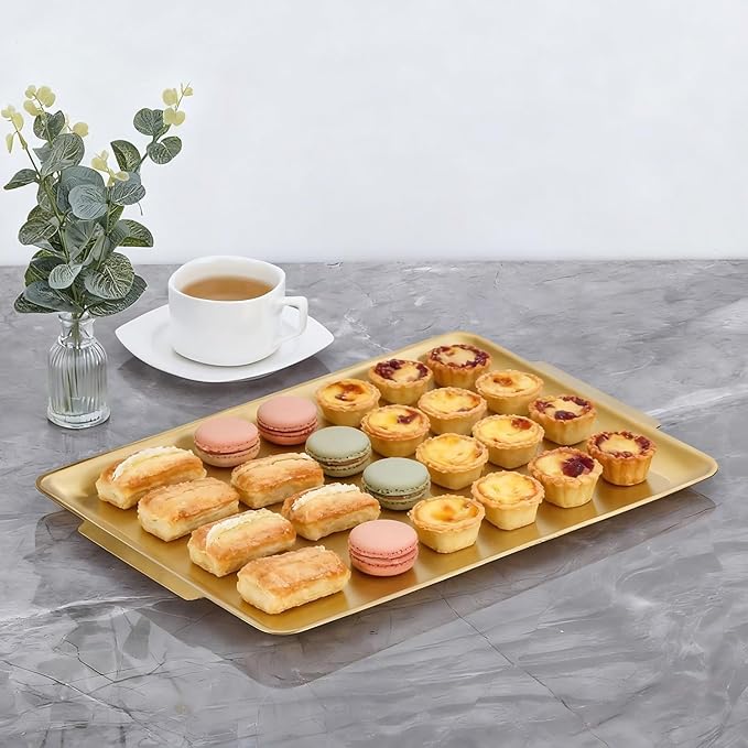 16.3" x 11" Large Serving Platters Set of 2, Stainless Steel Heavy-Duty Large Serving Trays, Gold Rectangular Plates for Food, Fruit, Party, Wedding, Christmas, Chip and Scratch Resistant