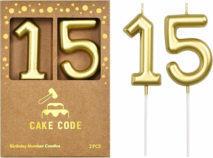 2.76 Inch Classical Gold 15 Number Birthday Candles, Gold Number Candles, Cake Number Candles, Party Celebration