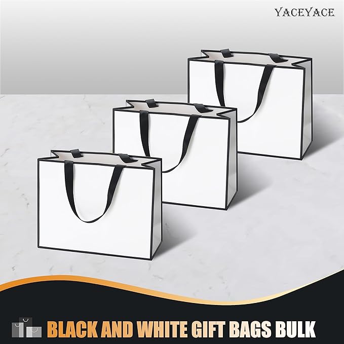Black and White Gift Bags With Ribbon Handles, 10Pcs 10.5"x4.25"x8" Medium Paper Bags for Wedding, Shopping, Party