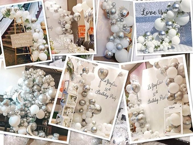 White and Silver Balloons Garland Arch Kit 5"10 Inch 12" White Silver Metallic Confetti Latex Balloons Arch Set for Christmas Winter Wonderland Birthday Baby Shower Wedding Party Winter Decor