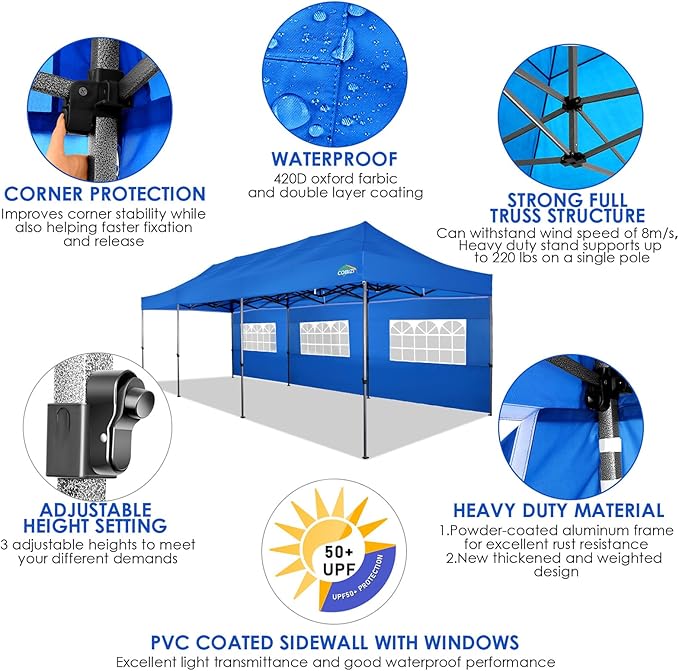 COBIZI 10x30 Heavy Duty Pop up Canopy with 8 sidewalls Party Tent for Parties Weddings Events UPF 50+ Waterproof Commercial Gazebo with Roller Bag, Blue(Frame Thickened)