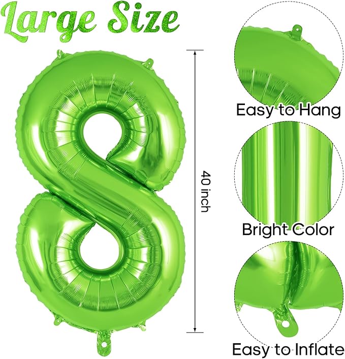 Green Number 8 Balloon 40 Inch, Big Large Foil Helium Number Balloons, Jumbo Giant Mylar Number 8 Balloons for 8 Year Old Birthday Party Decorations Supplies Anniversary Celebration