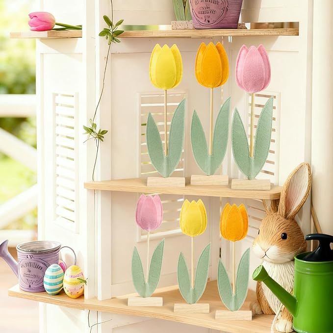 SUNBEAUTY 6Pcs Spring Tulips Flower Table Decoration Tulip Felt Centerpiece Pink Yellow Orange Tulips Mothers Day Table Decorations Tabletop Signs for Easter Garden Home Party Mothers Day Decor