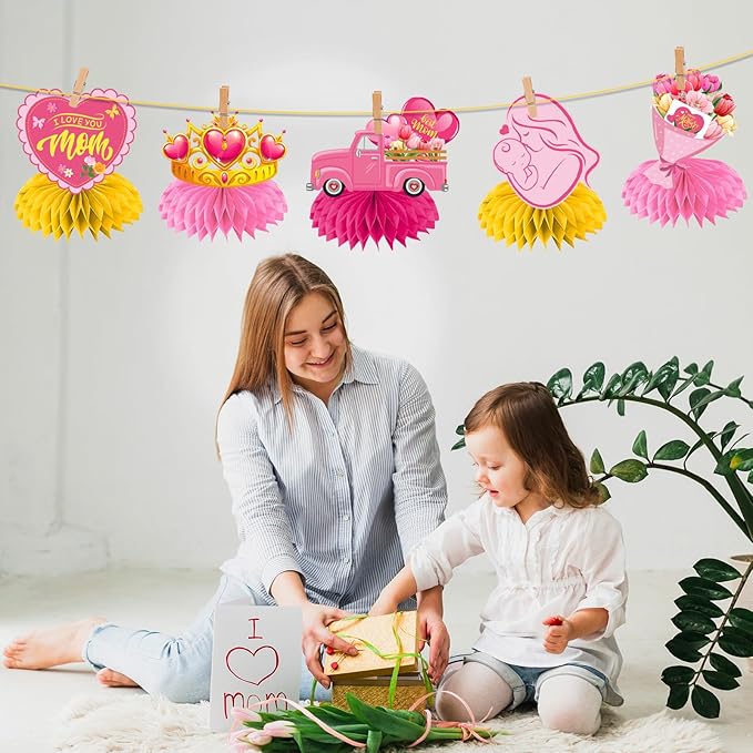 Mothers Day Decorations Honeycomb Centerpieces, 12Pcs Mothers Day Table Decorations Best Mom Ever Mothers Day Centerpieces 3D Mothers Day Table Centerpiece for Mothers Day Party