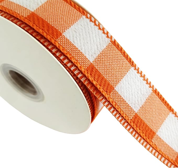 Meseey 7/8 Inch x10 Yards Orange White Gingham Plaid Buffalo Check Wired Ribbon for Easter Spring Fall Christmas Holiday Party Crafts